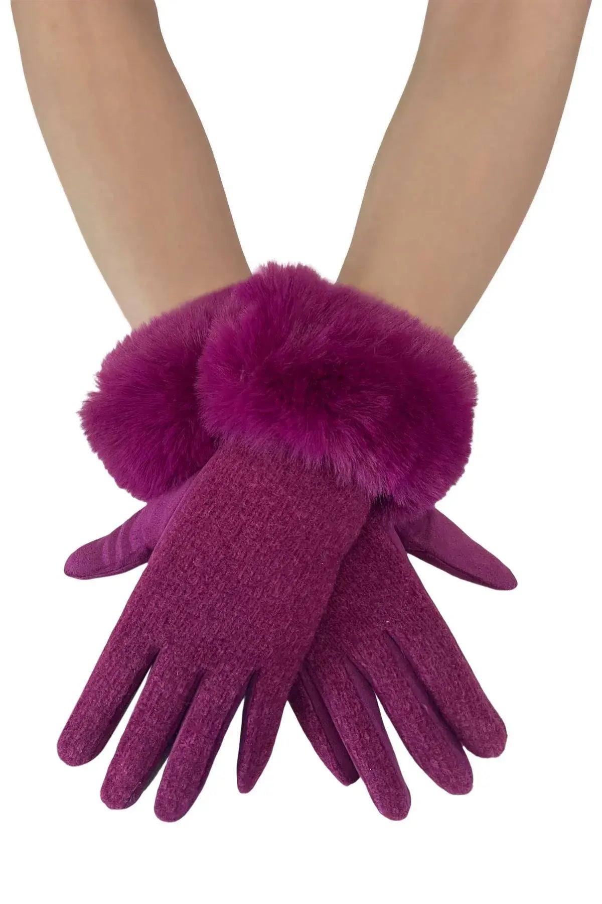 Faux Fur Trim Touch Screen Gloves - Magenta