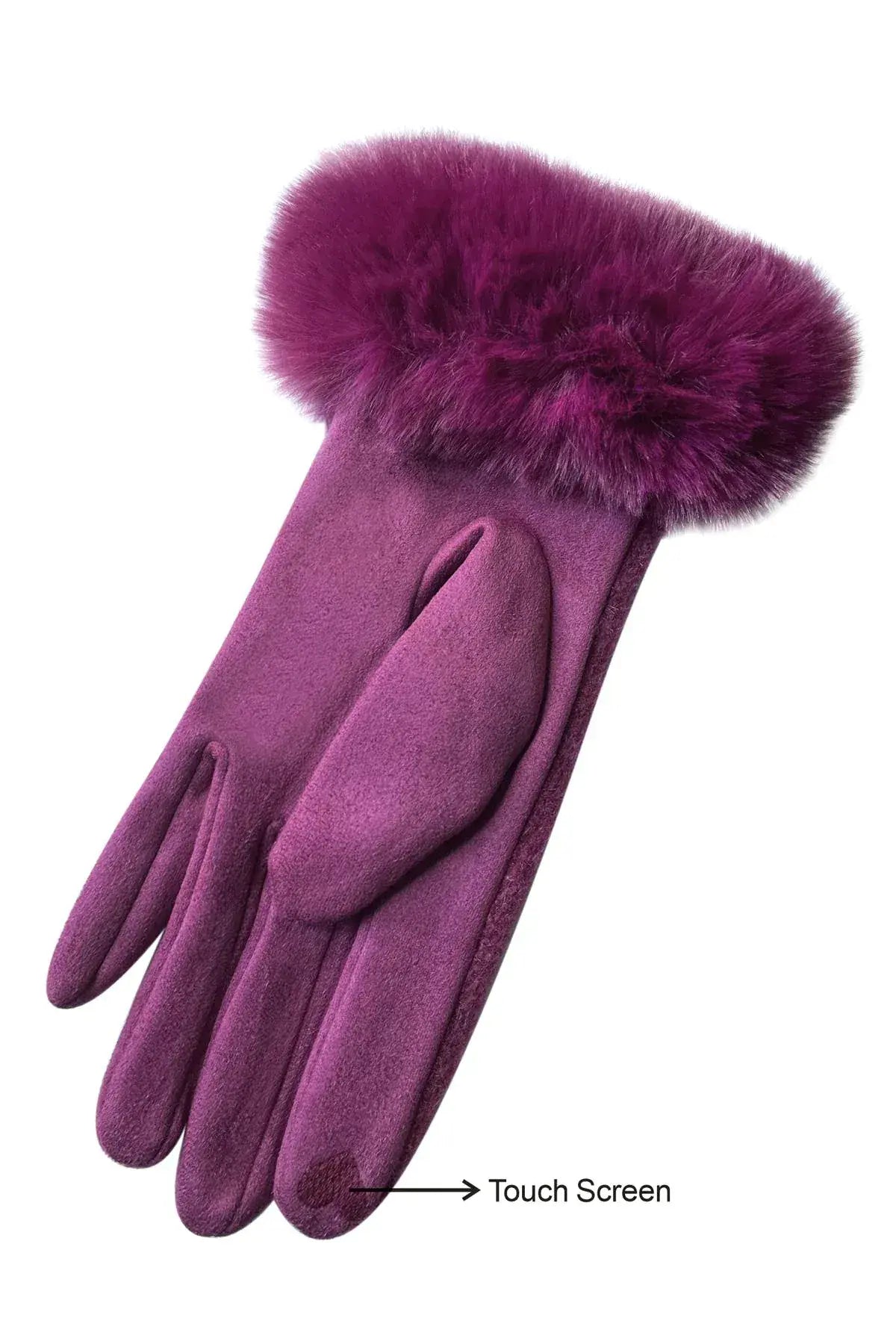 Faux Fur Trim Touch Screen Gloves - Magenta