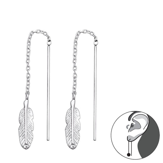 Feather - 925 Sterling Silver Plain Earring For Women's Gift Bride Made