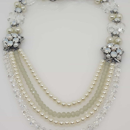 Four Strand Pearl And Crystal Glass Bead Statement Necklace