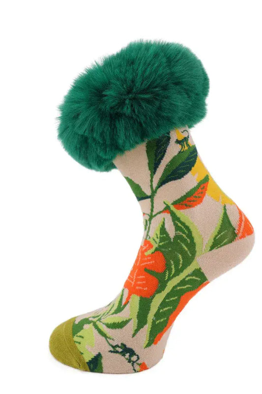 Green - Silk Blend Socks with Faux Fur Cuffs