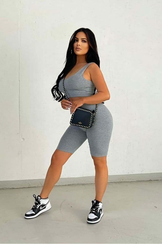 Grey Scoop Neck Crop Top & Cycling Short Set