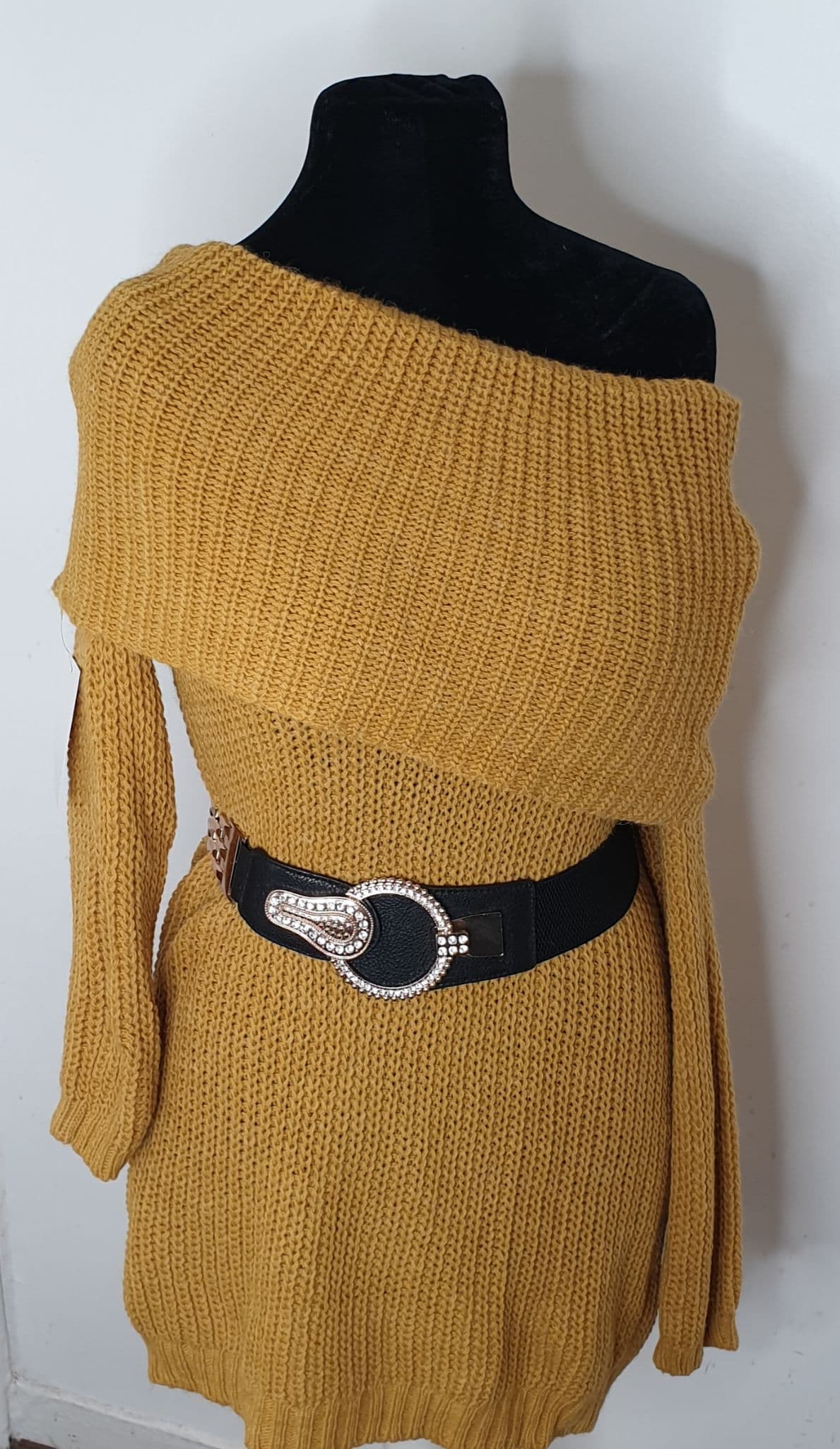 Mustard Off -The Shoulder Knitted Jumper Dress.