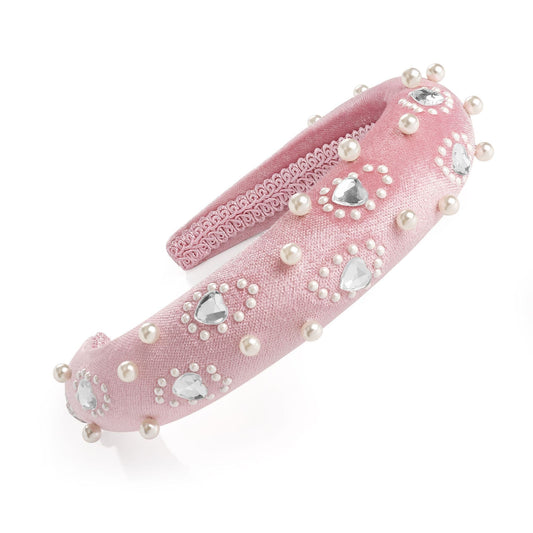 Pink velvet and cream pearl look heart design padded headband. HA33155