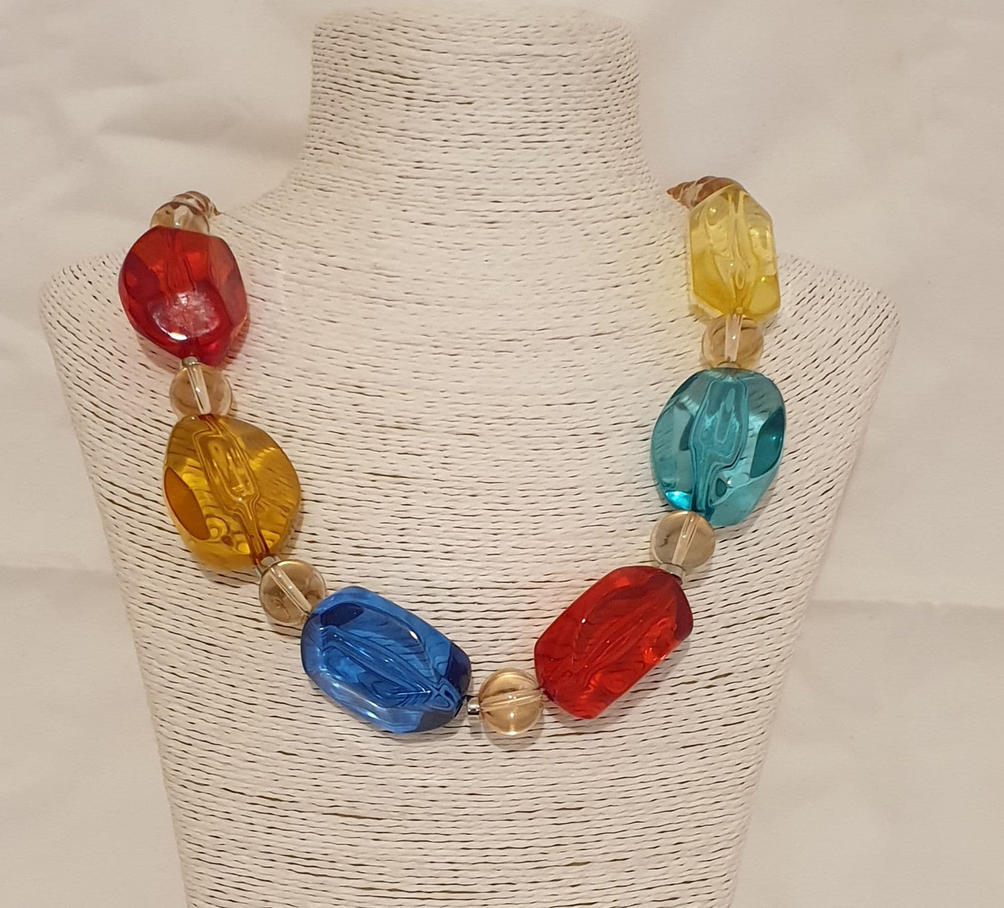 Red, Carmel, Blue, Teal, And Yellow Acrylic Necklace