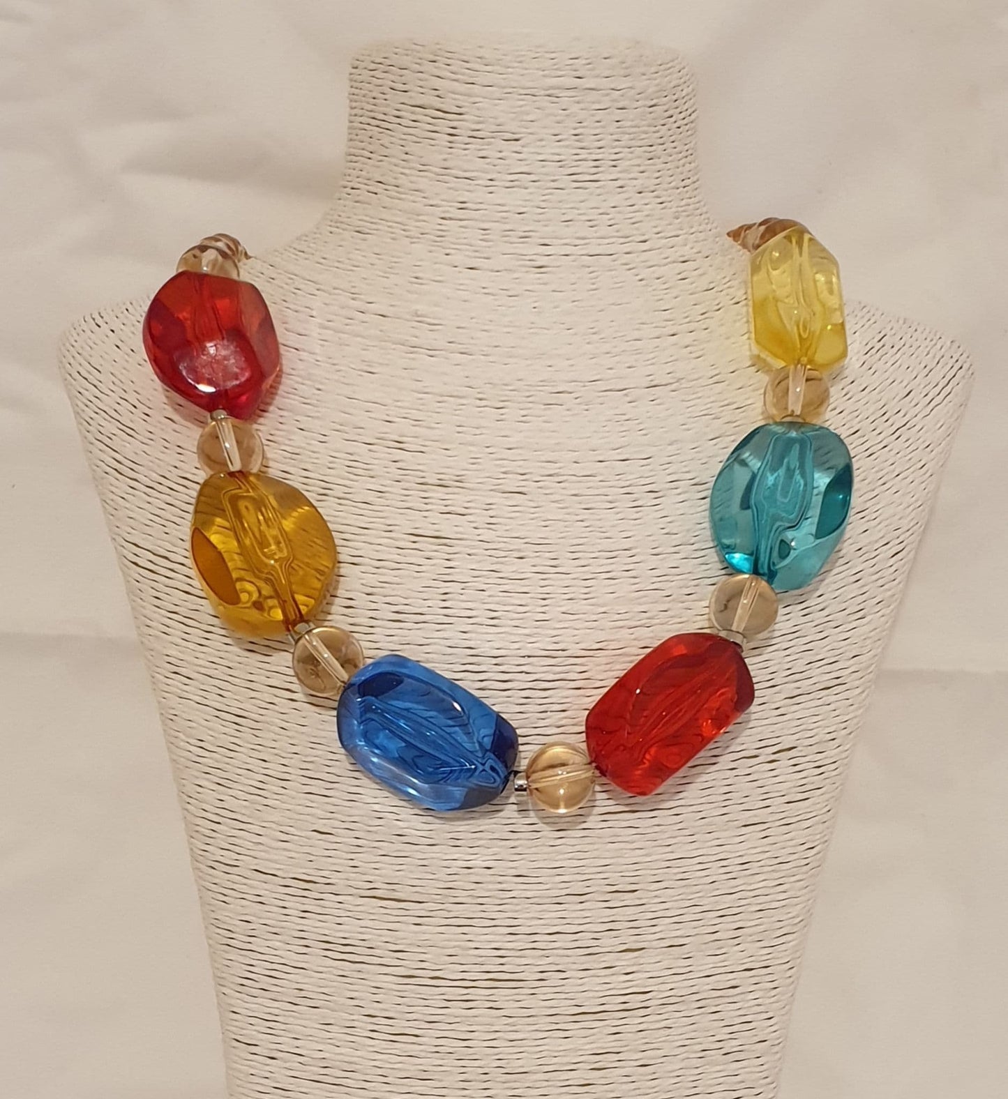 Red, Carmel, Blue, Teal, And Yellow Acrylic Necklace