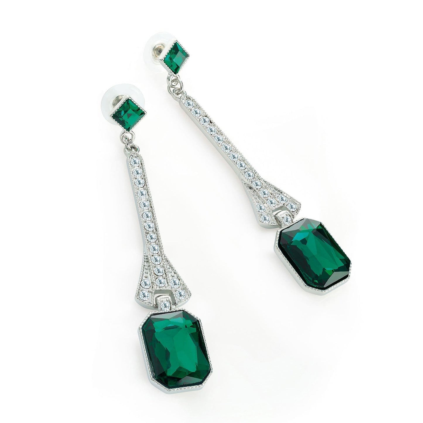 Rhodium colour crystal and green glass bead drop earring. ER32195