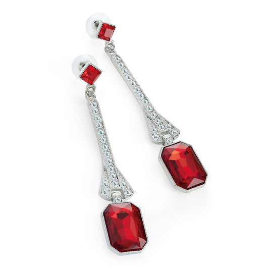 Rhodium colour crystal and red glass bead drop earring. ER32194