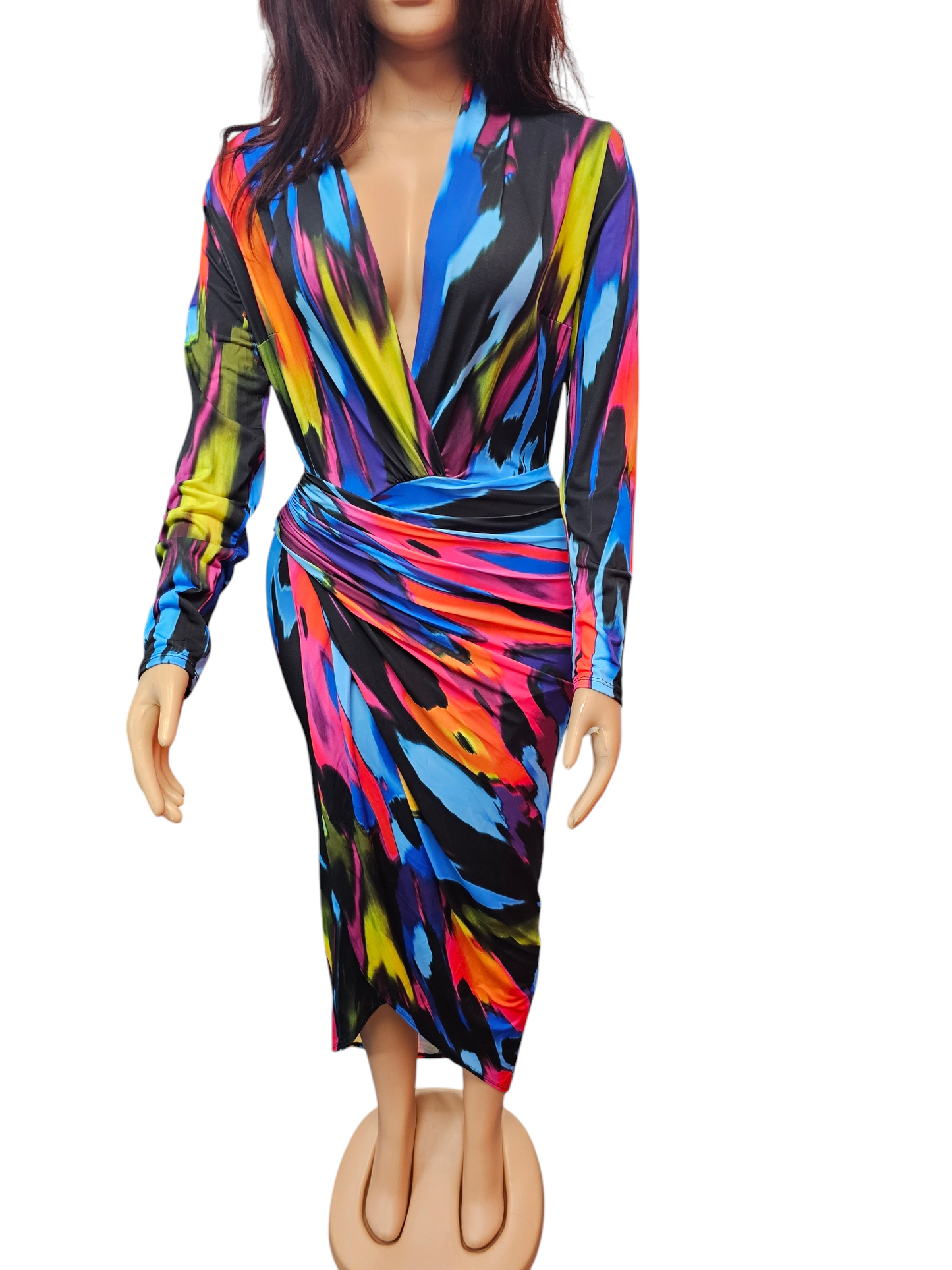 Bold & Beautiful Vibrant Padded Long Sleeve Ruched Wrap Midi Dress