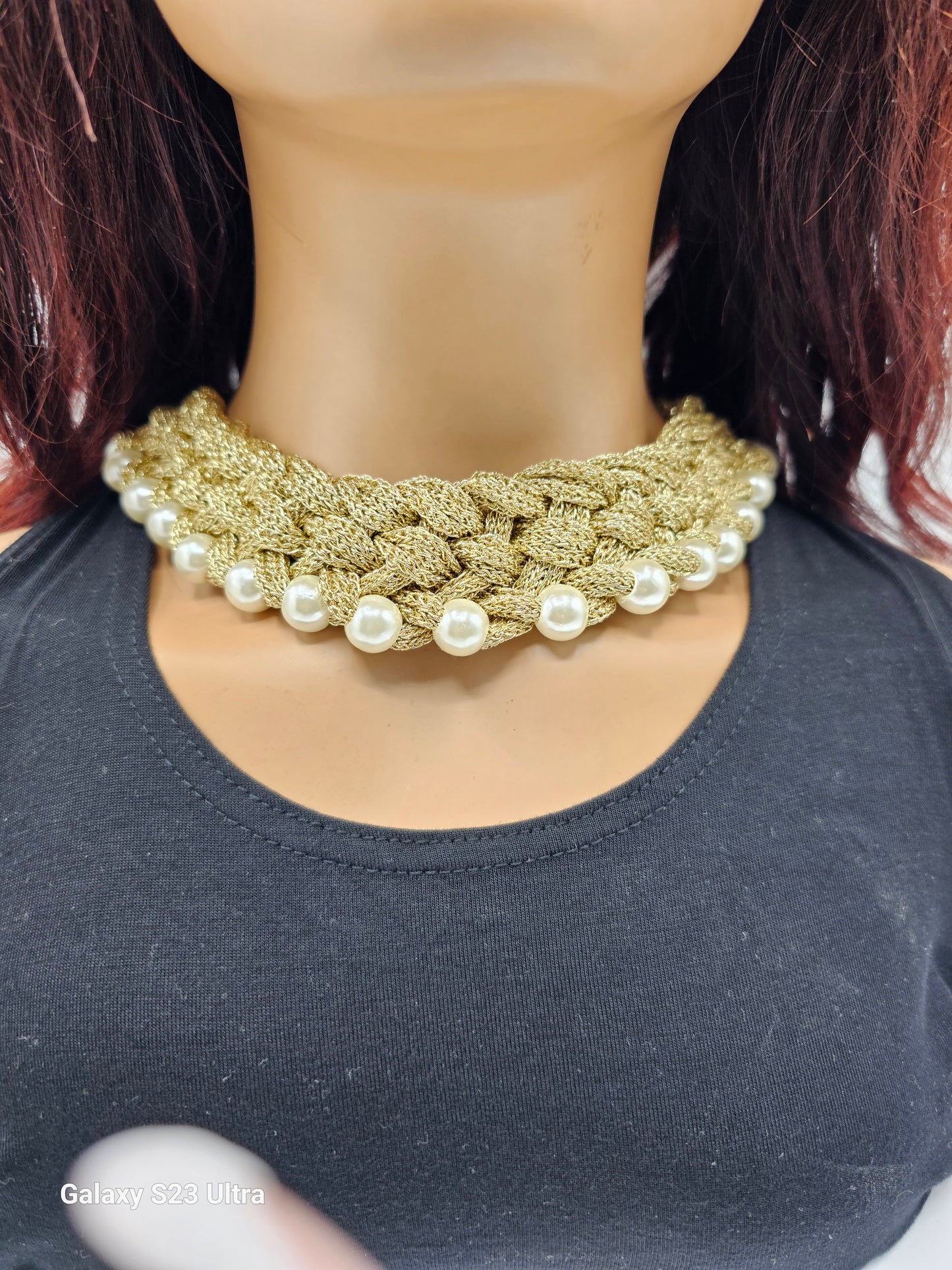 Gold Mesh & Pearl Statement Choker Regal Elegance