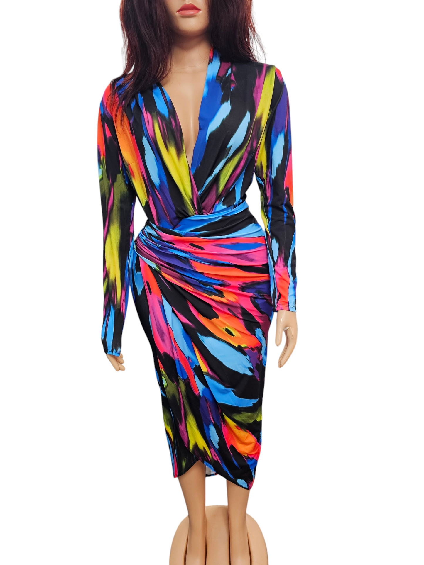 Bold & Beautiful Vibrant Padded Long Sleeve Ruched Wrap Midi Dress