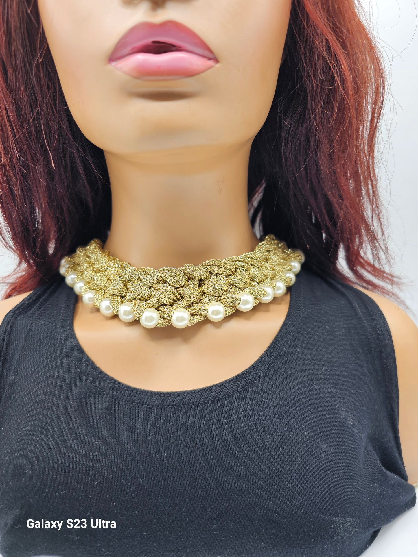 Gold Mesh & Pearl Statement Choker Regal Elegance