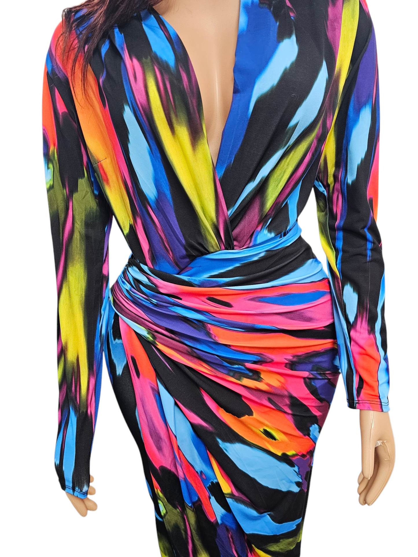 Bold & Beautiful Vibrant Padded Long Sleeve Ruched Wrap Midi Dress