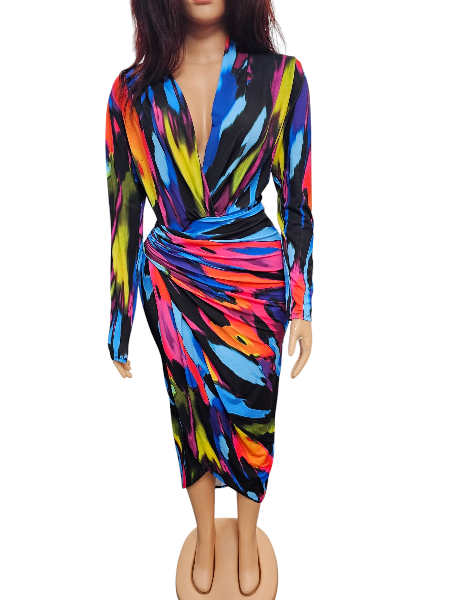 Bold & Beautiful Vibrant Padded Long Sleeve Ruched Wrap Midi Dress