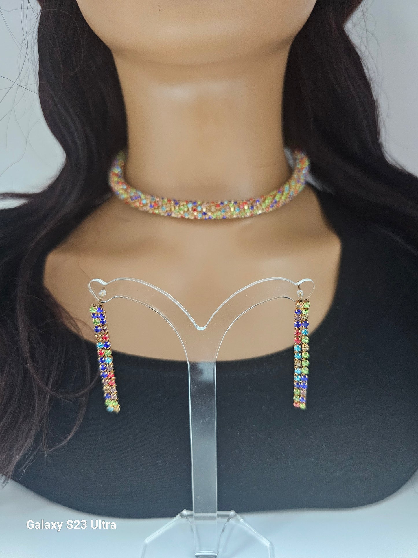 Elegant Multicoloured Rhinestone Neclace, Earrings & Bracelet Jewellery Set in Gift Box"