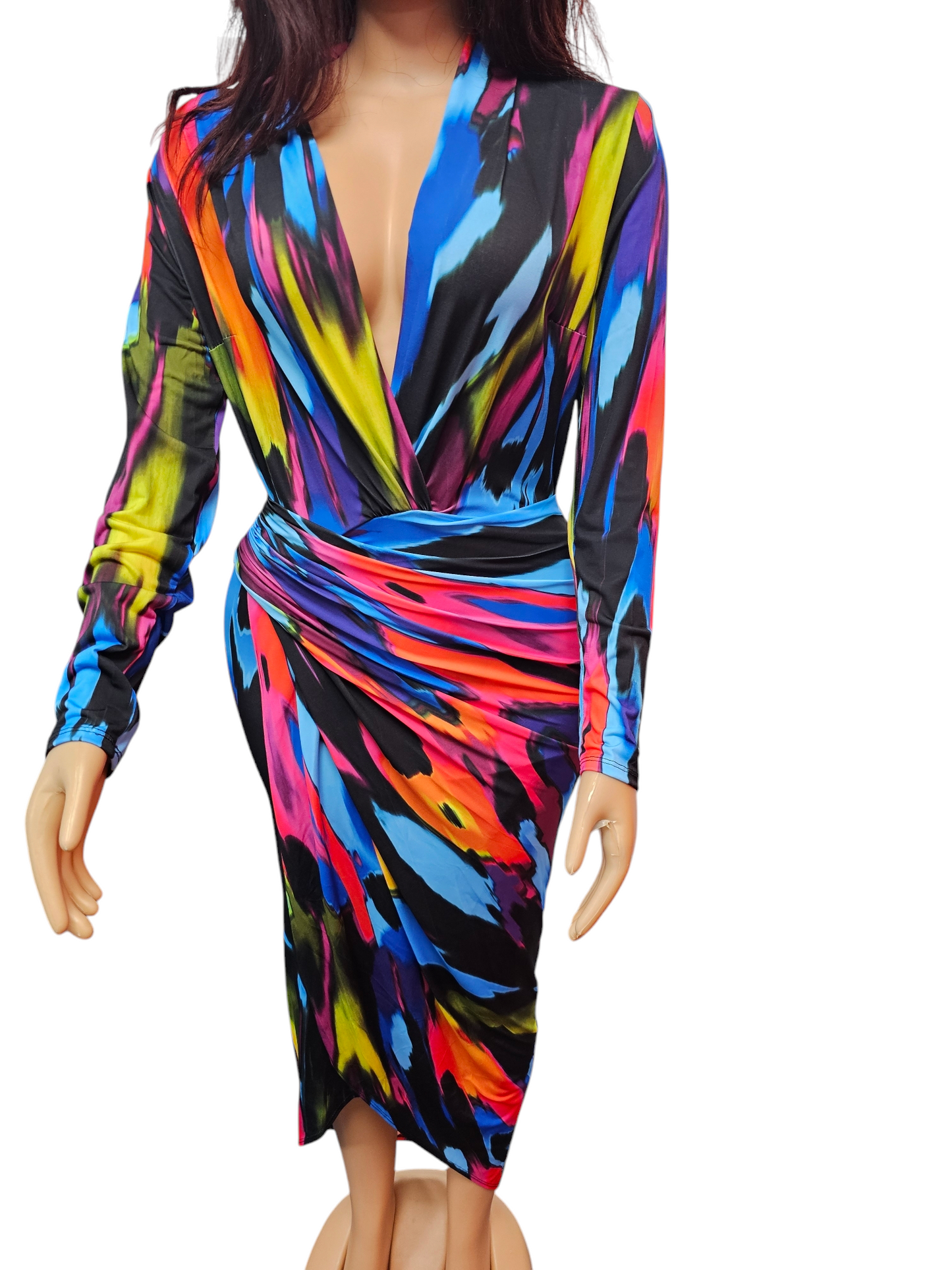 Bold & Beautiful Vibrant Padded Long Sleeve Ruched Wrap Midi Dress