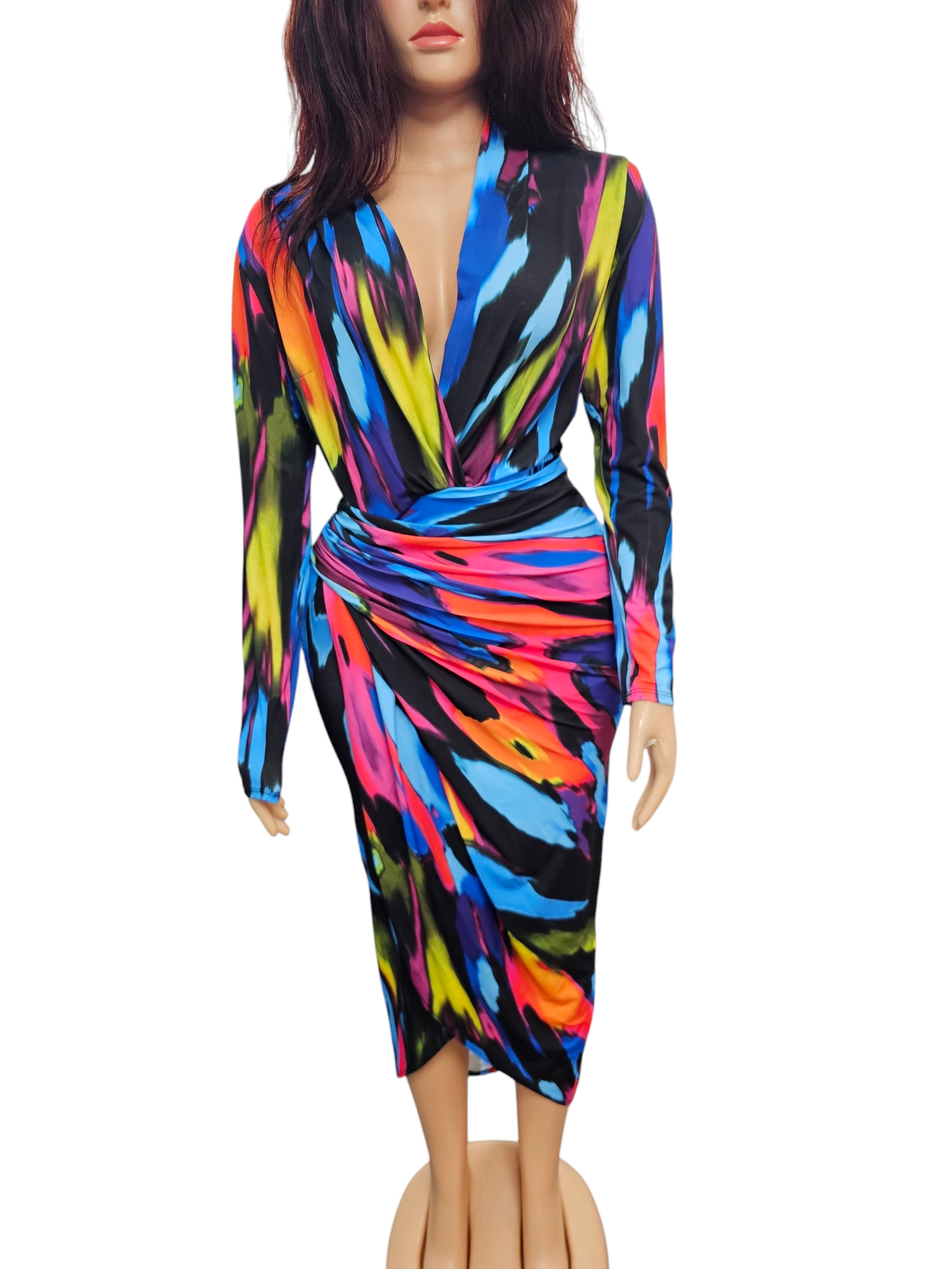 Bold & Beautiful Vibrant Padded Long Sleeve Ruched Wrap Midi Dress