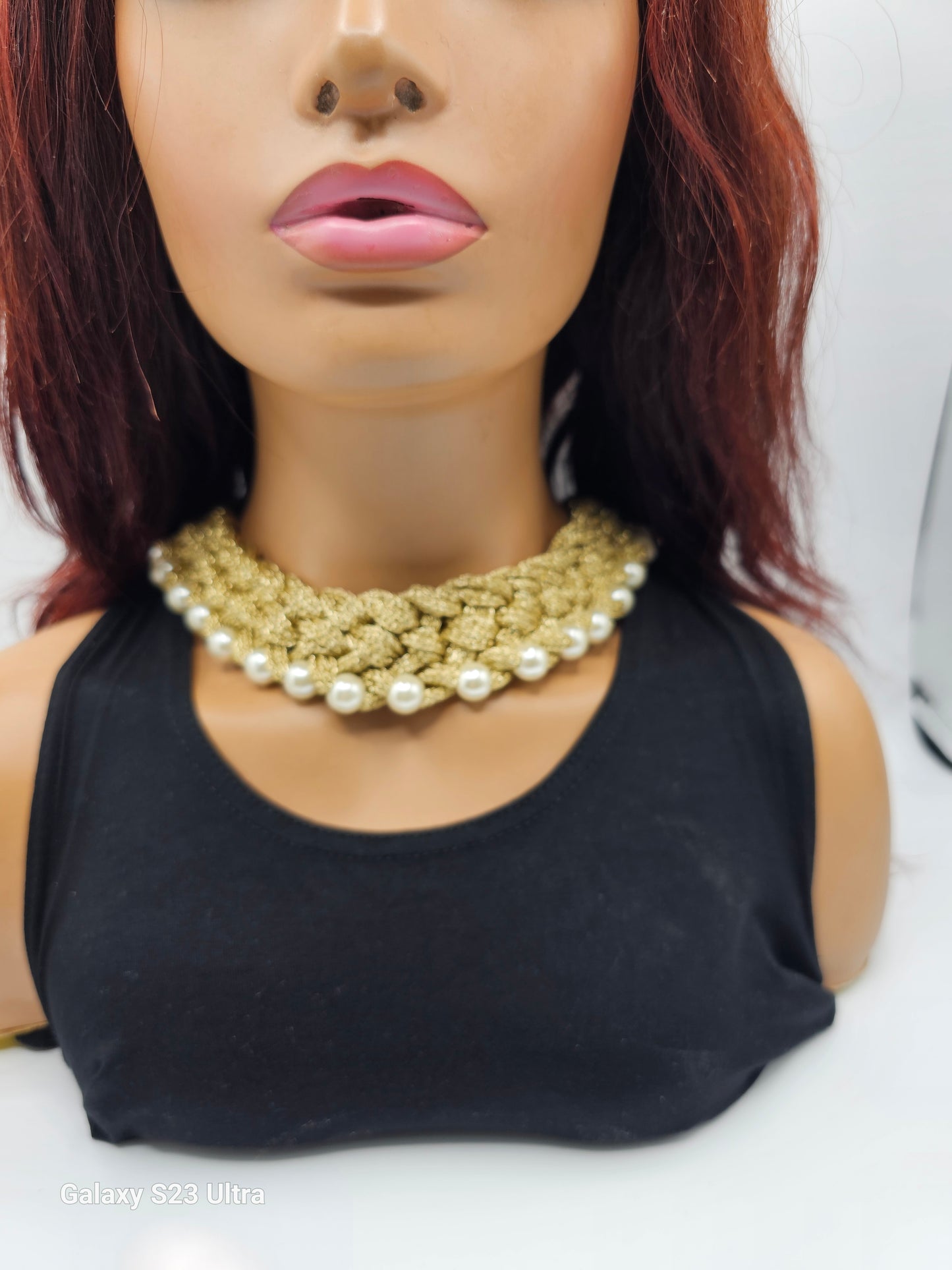 Gold Mesh & Pearl Statement Choker Regal Elegance