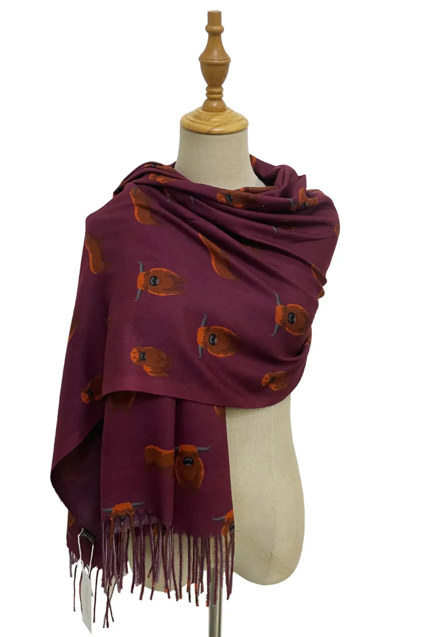 Scottish Highland Buffalo Tassel Scarf - Wine