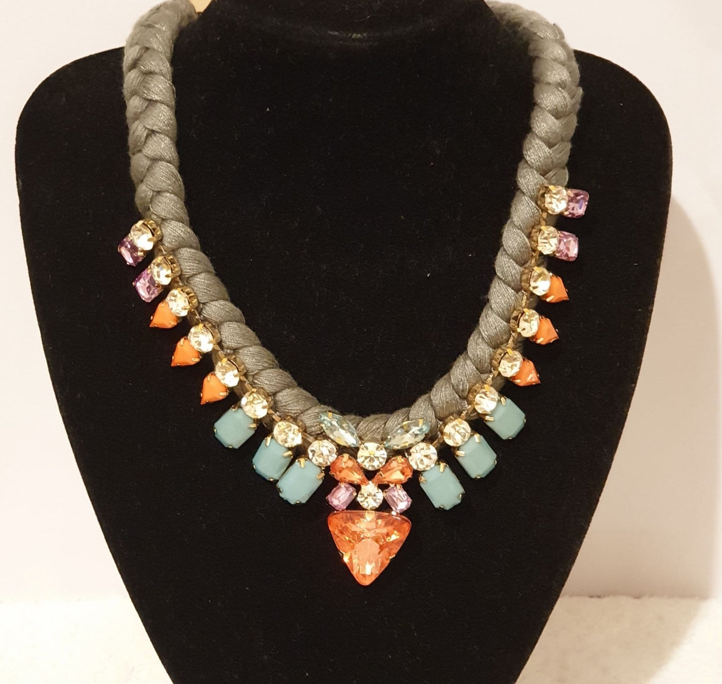 Silk Thread Plaited Multicolor Crystal Statement Necklace