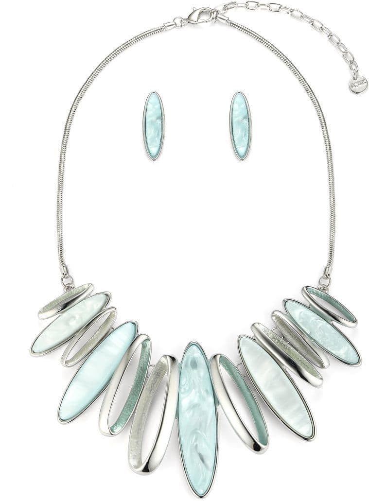 Silver Tone Statement Necklace Earrings Set - Aqua  Blue.  (SKU: JYK19011BLU)