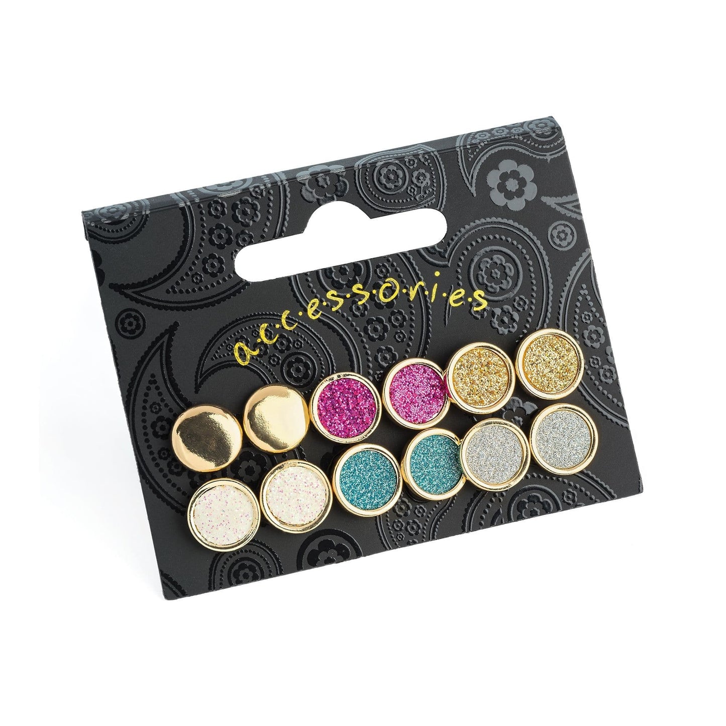 Six pairs gold colour glitter effect stud earring set. ER 31600