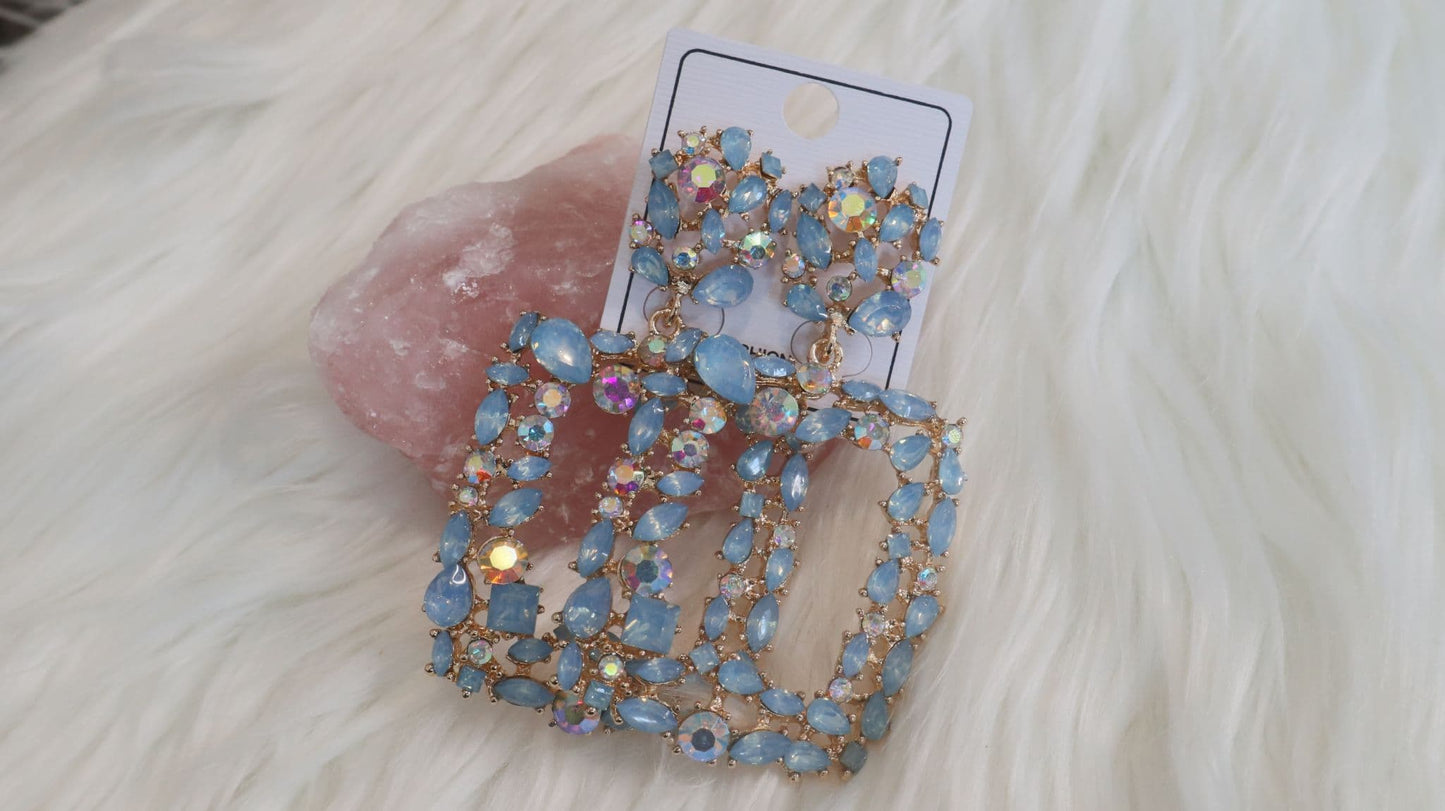 Square Sky Blue Diamante Earrings