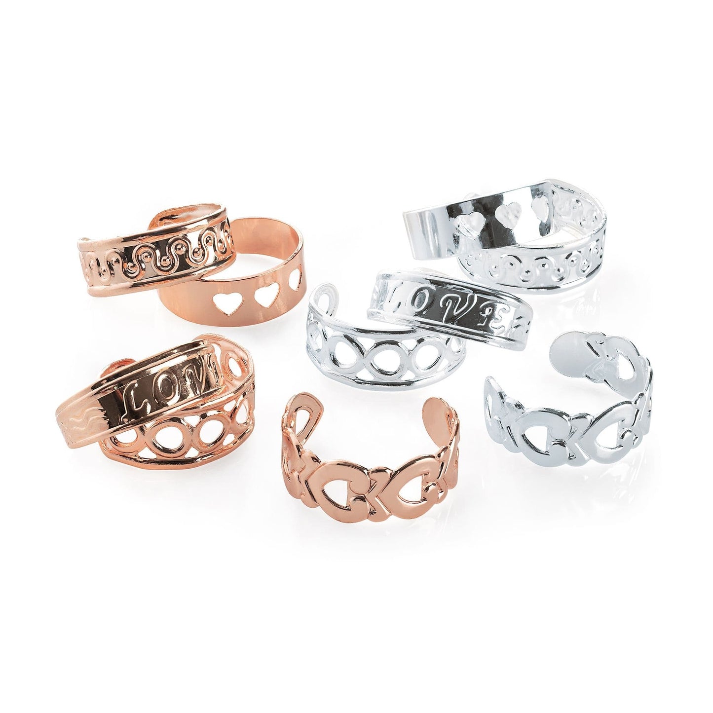 Ten piece rose gold and silver colour adjustable toe ring set. R31963