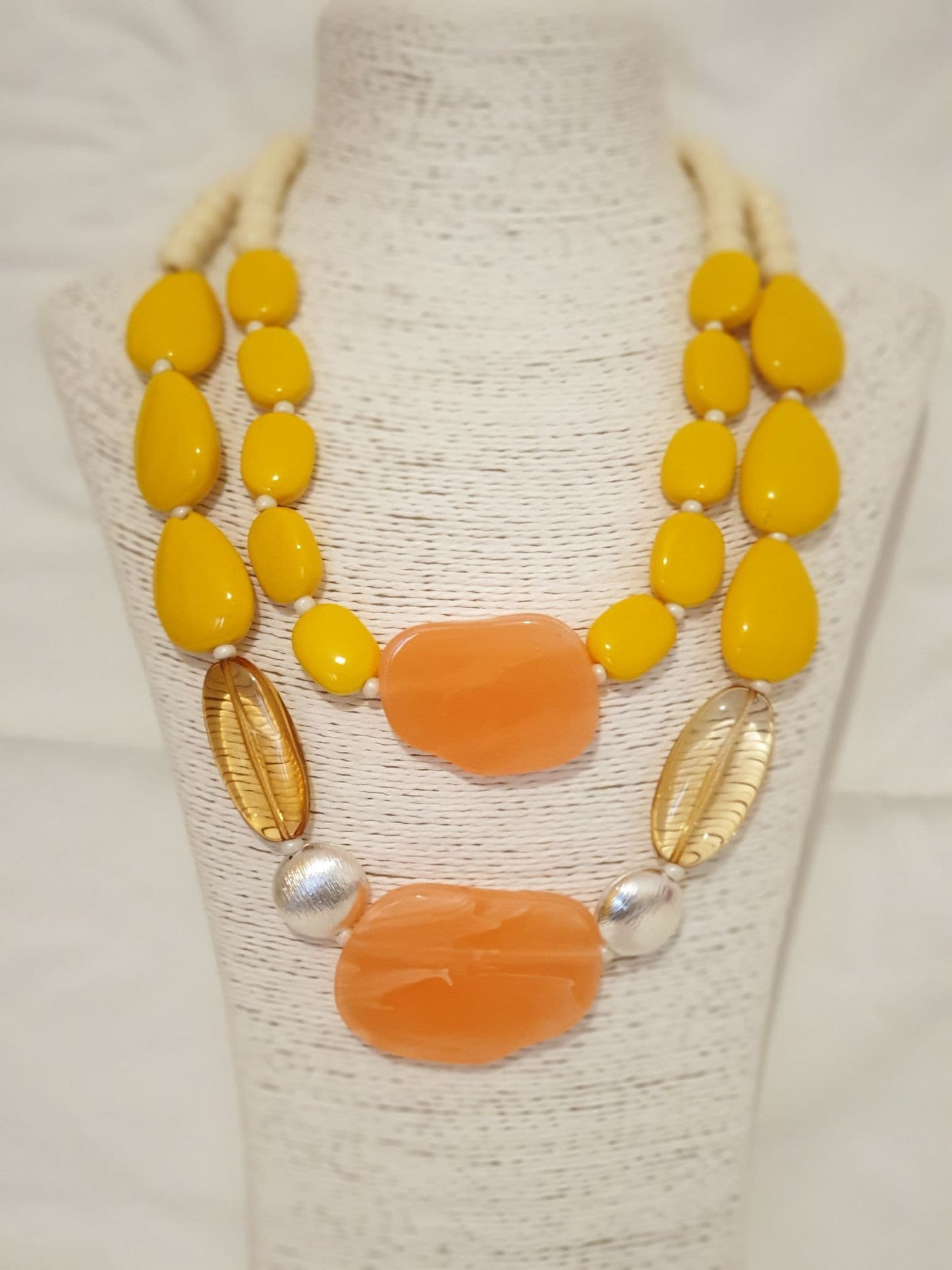 Yellow, Carmel, Silver Tone And Large Peach Stone Necklace