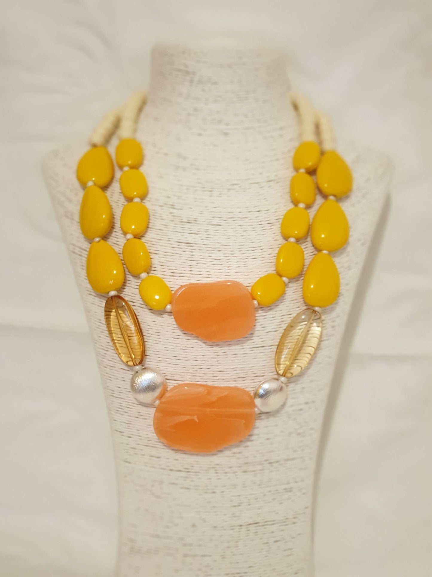 Yellow, Carmel, Silver Tone And Large Peach Stone Necklace