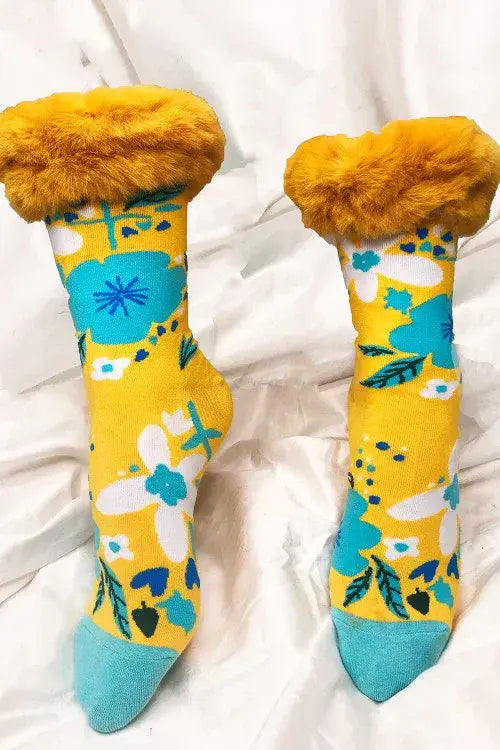 Yellow - Silk Blend Socks with Faux Fur Trim