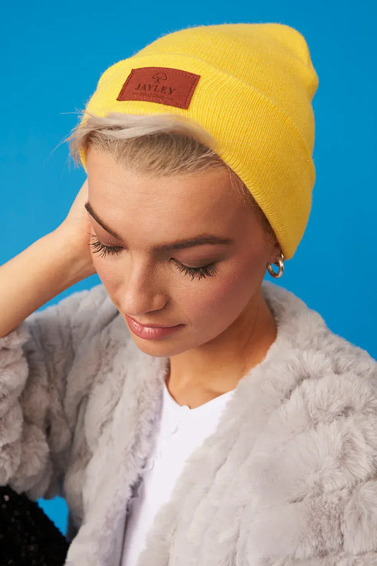 Yellow - Wool Blend Knitted Beanie Hat